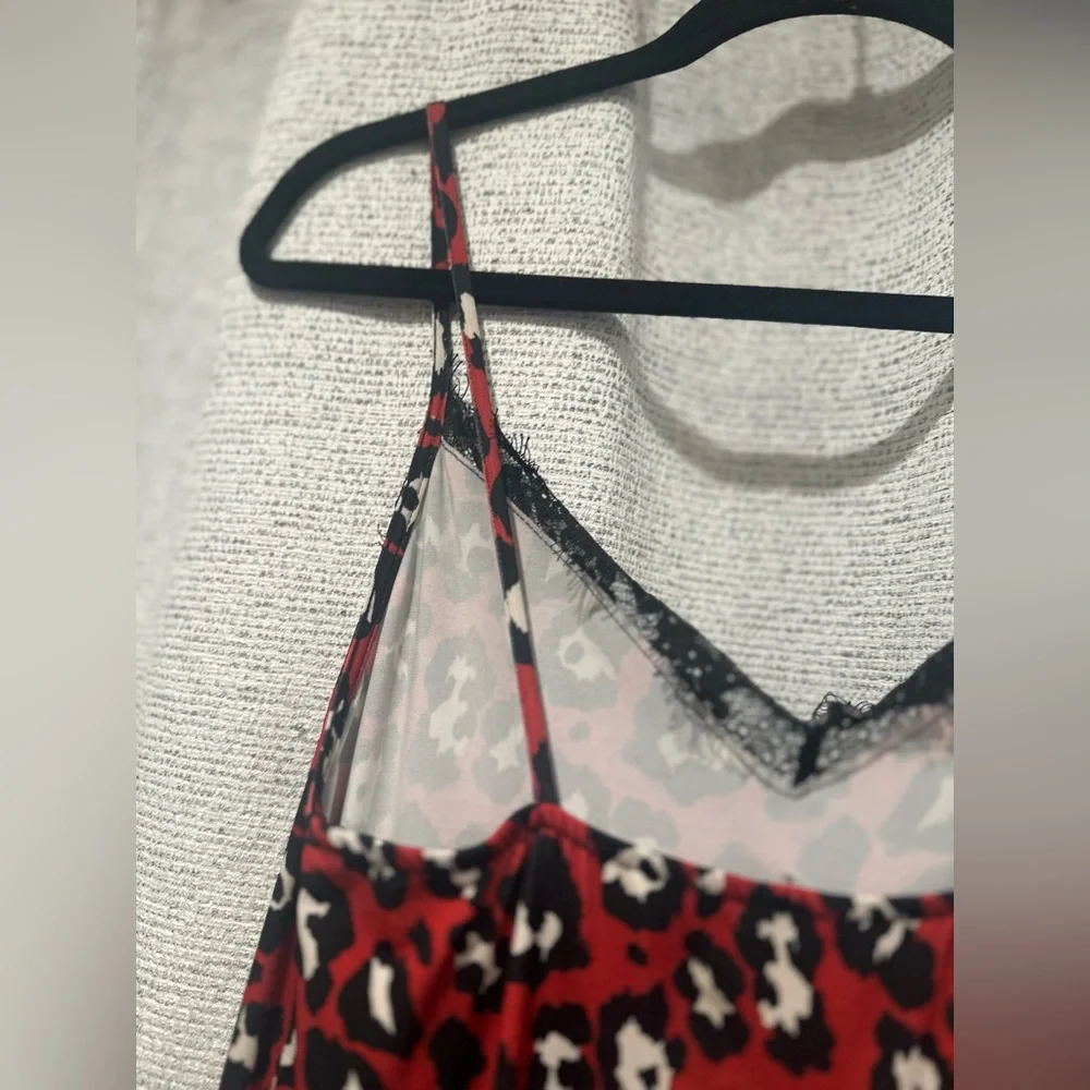Women’s ZARA Red Leopard Print Camisole Slip Dress Lace Stretch Midi Dress Small